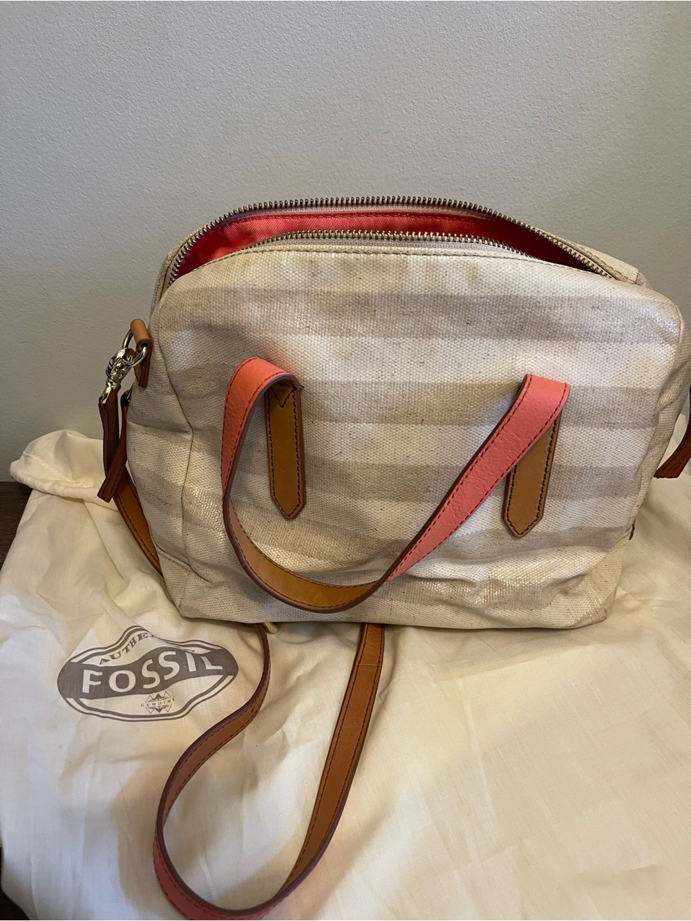 Fossil Cream Striped Canvas Crossbody with Coral and Tan Accents